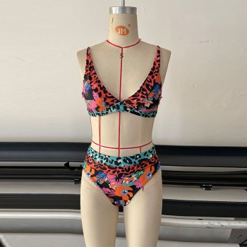 Lorylei Bikini Set Print Leopard Linked Spaghetti Strap Triangle Thong Sexy Biquini Swimsuit Swimwear Women Bathing Suit B605